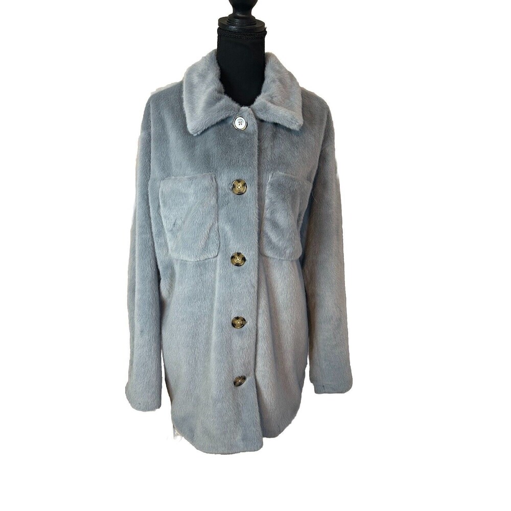 C&V Chelsea & Violet Grey Faux Fur Collared Shacket in Cement Size: M Oversized